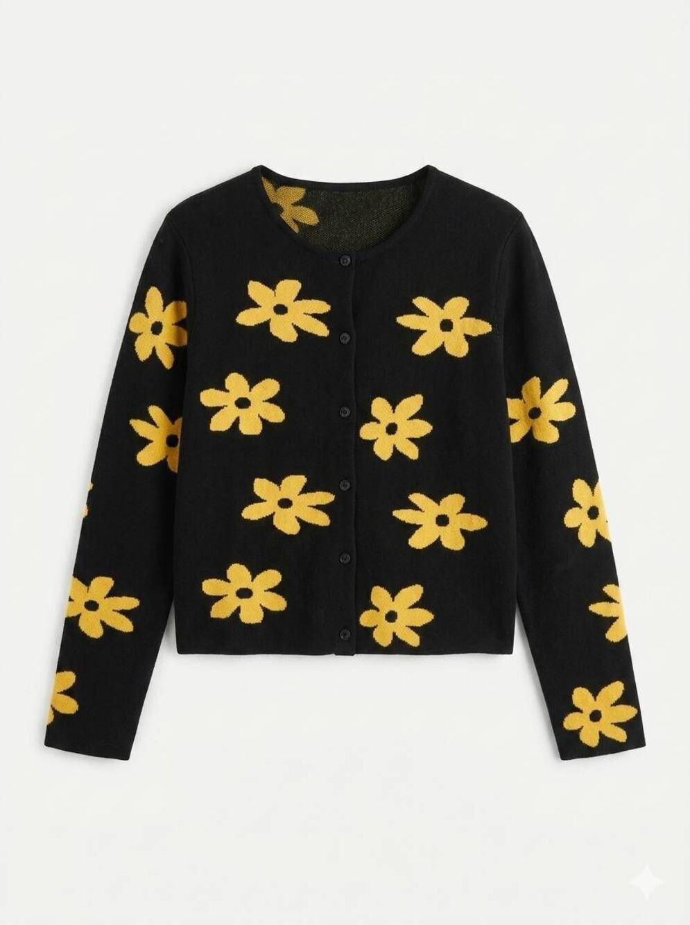 🇬🇪🔹️Forever 21 Black w/Yellow Daisies Knit Long Sleeve Sweater Large
